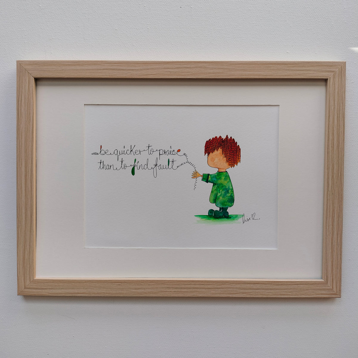 Theo 'Be Quicker to Praise Than to Find Fault' – Original Watercolour Painting in a Natural Wood Frame | JoliArtes