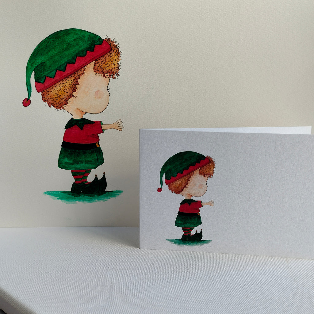 Theo - Elf Outfit – Watercolour Art Card shown with Original Painting (not for sale) | JoliArtes
