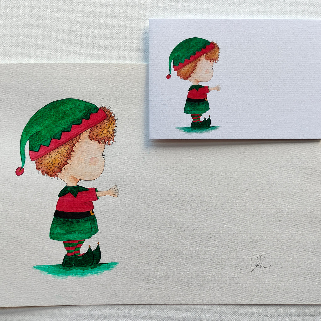 Theo - Elf Outfit – Watercolour Art Card shown with Original Painting (not for sale) | JoliArtes