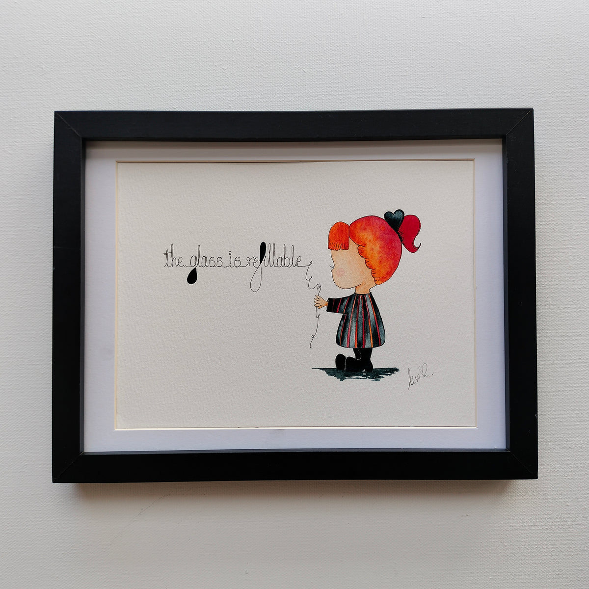Mira 'The Glass Is Refillable' – Original Watercolour Painting in a Black Frame | JoliArtes
