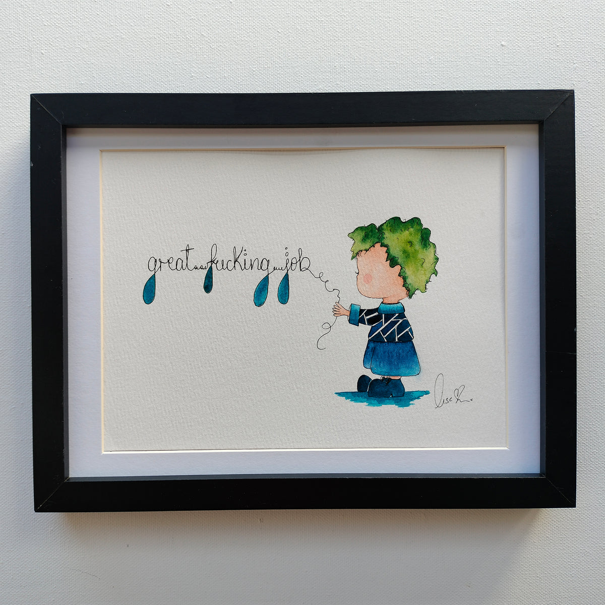 Theo 'Great Fucking Job' – Original Watercolour Painting in a Black Frame | JoliArtes