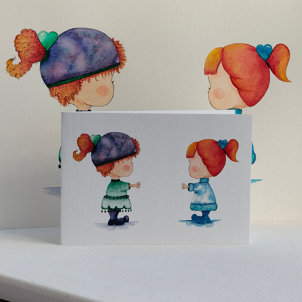 Mira & Friend - Green and Blue Outfits – Watercolour Art Card shown with Original Painting (not for sale) | JoliArtes