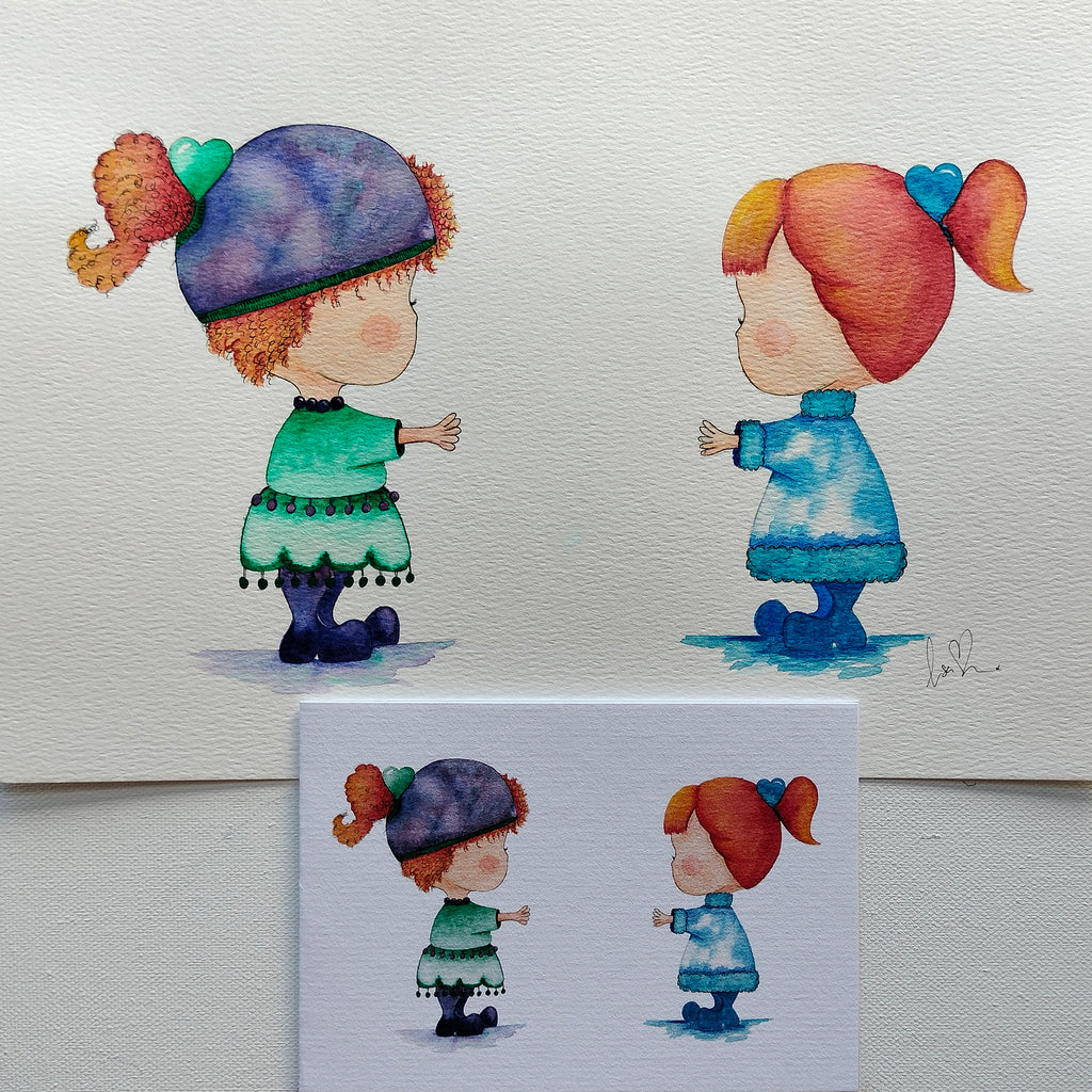 Mira & Friend - Green and Blue Outfits – Watercolour Art Card shown with Original Painting (not for sale) | JoliArtes