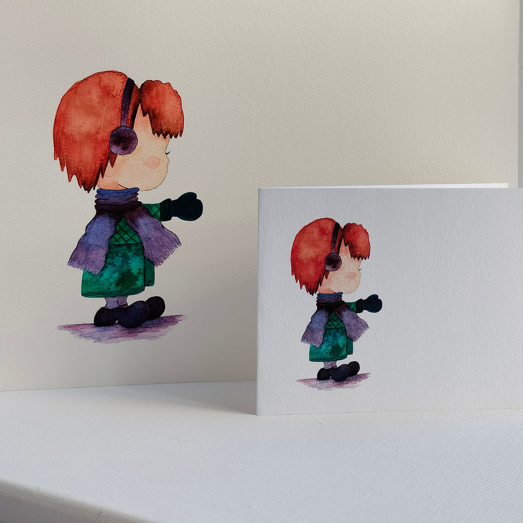 Theo - Green and Purple Outfit – Watercolour Art Card shown with Original Painting (not for sale) | JoliArtes
