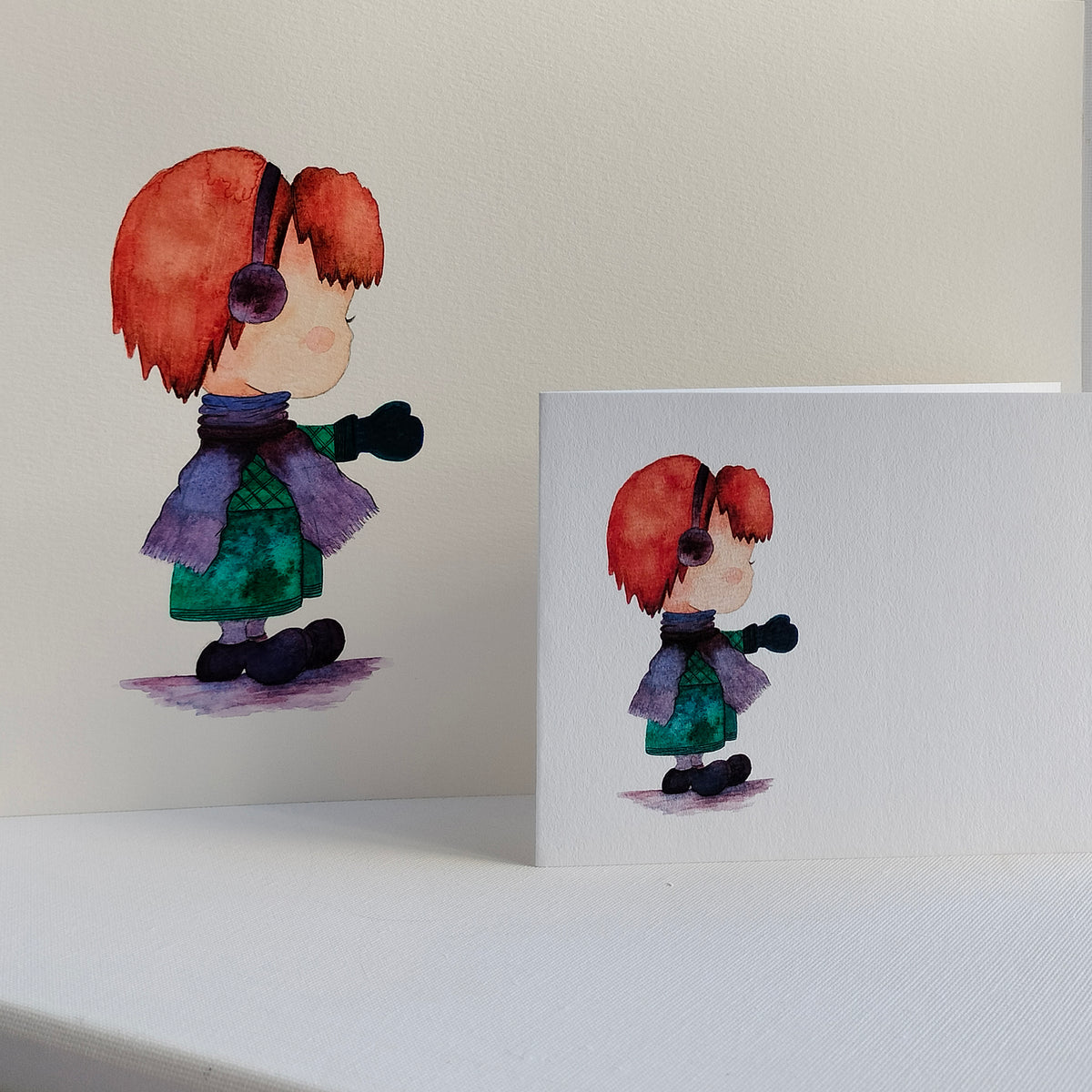 Theo - Green and Purple Outfit – Watercolour Art Card shown with Original Painting (not for sale) | JoliArtes