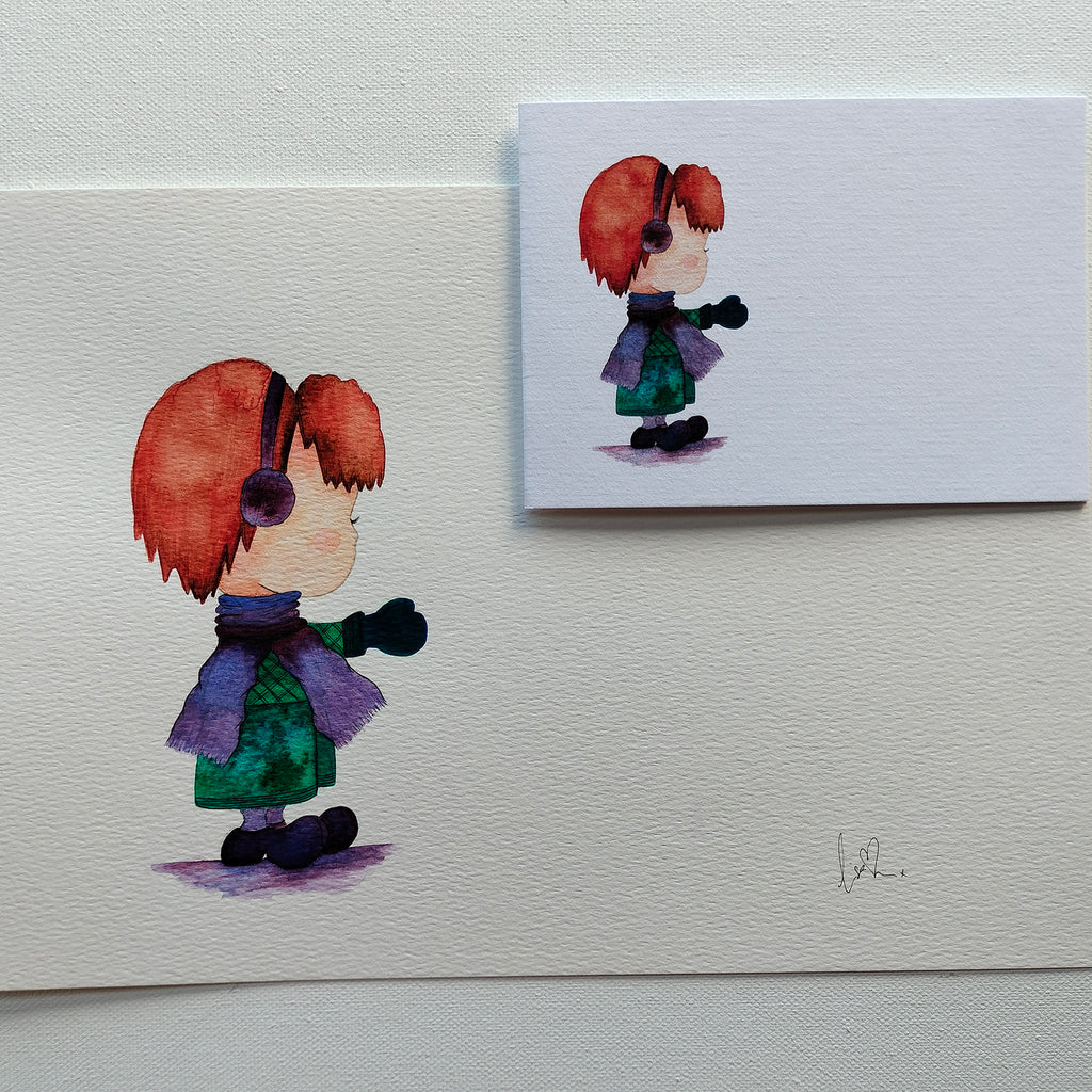Theo - Green and Purple Outfit – Watercolour Art Card shown with Original Painting (not for sale) | JoliArtes