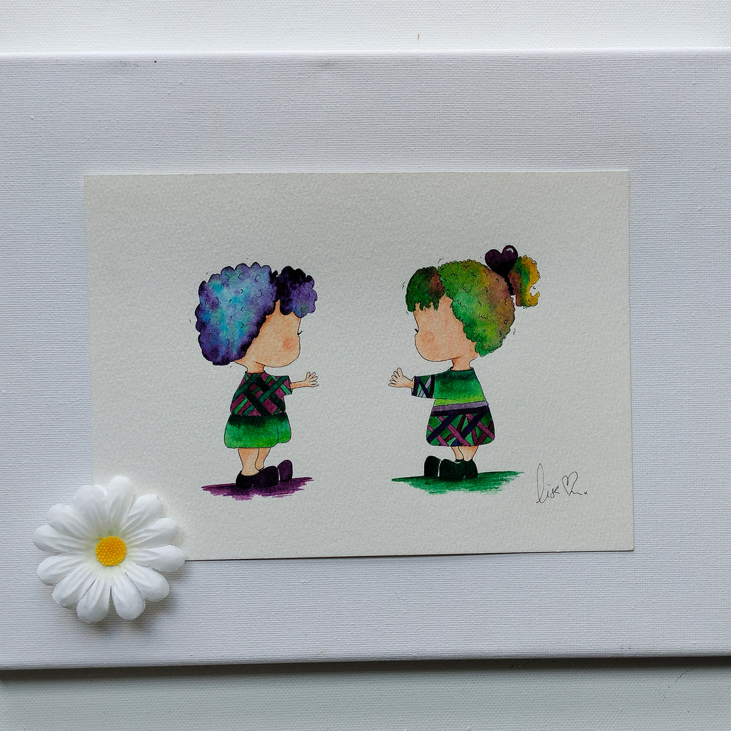 Mira & Theo - Matching Green Stripes – Original Watercolour Painting | JoliArtes