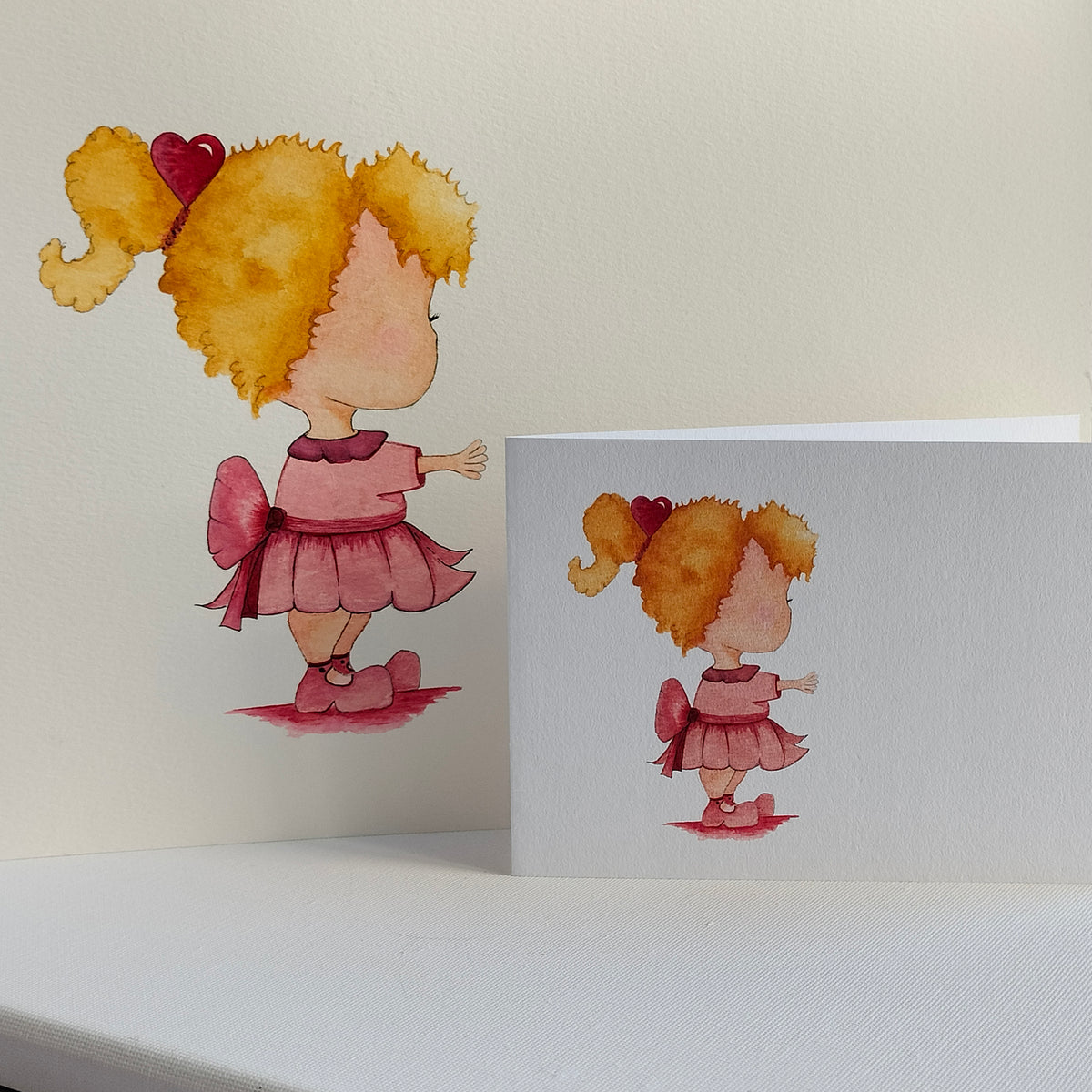Mira - Pink Dress – Watercolour Art Card shown with Original Painting (not for sale) | JoliArtes