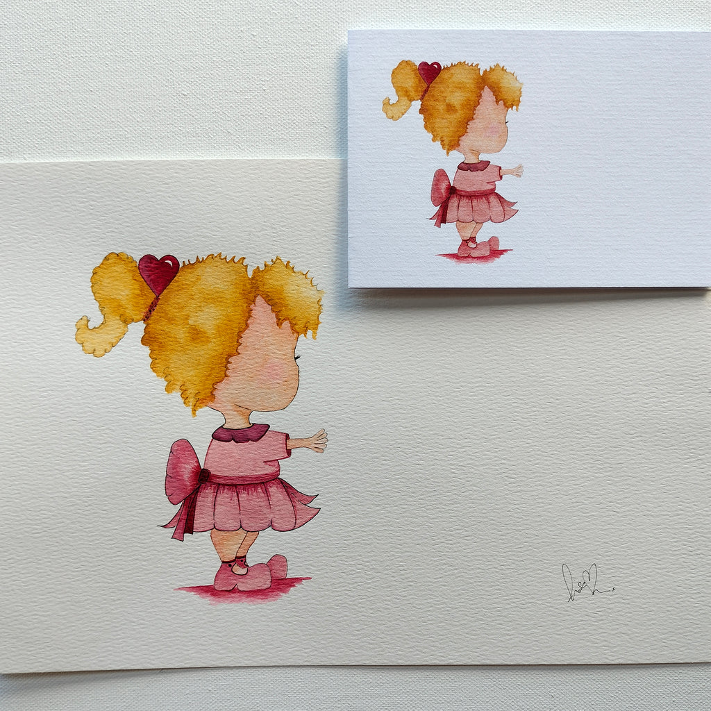 Mira - Pink Dress – Watercolour Art Card shown with Original Painting (not for sale) | JoliArtes