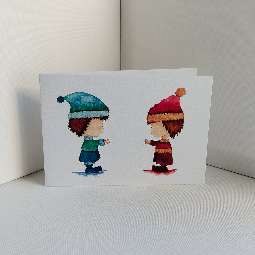 Theo & Friend - Red and Blue Outfits – Personalised Watercolour Art Card | JoliArtes