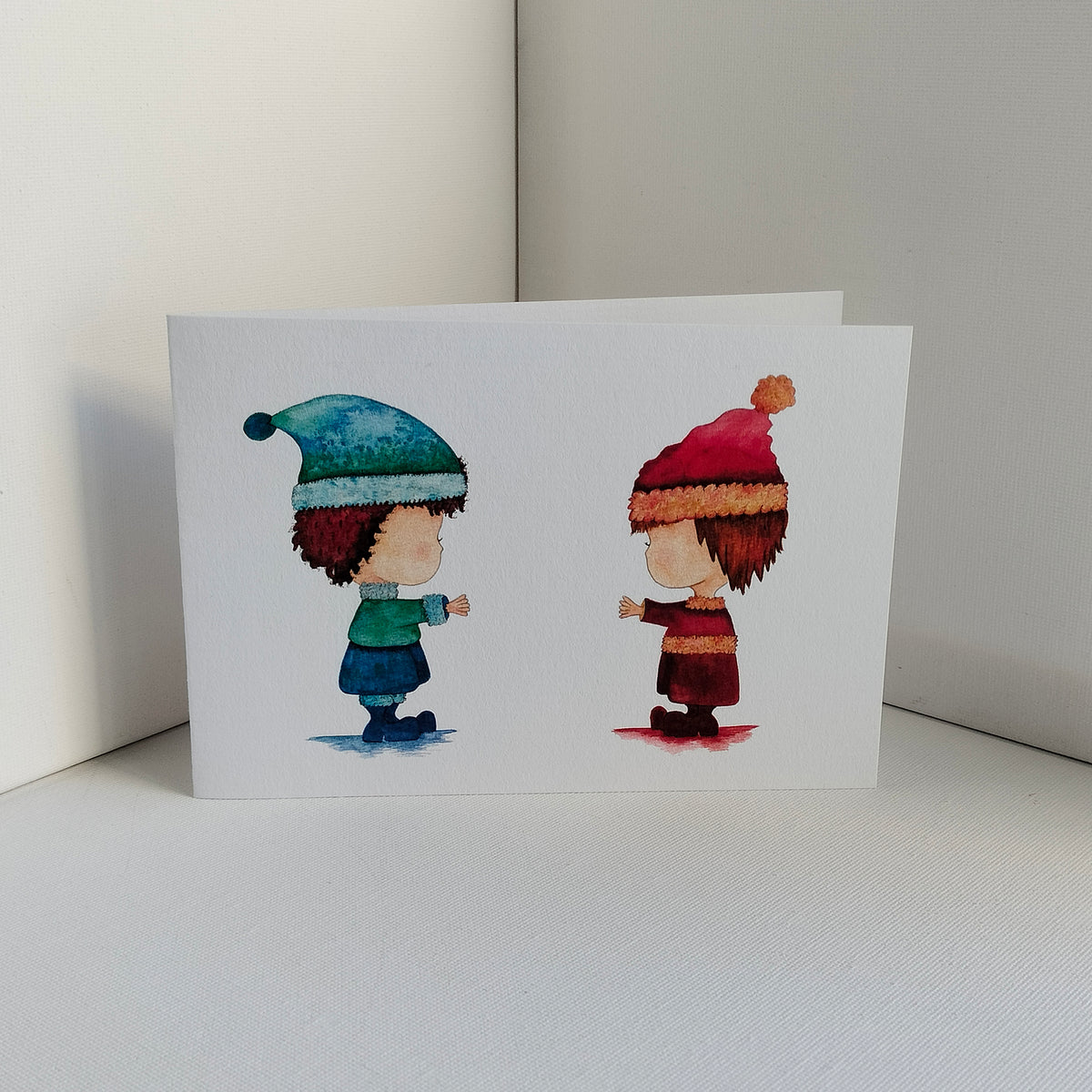 Theo & Friend - Red and Blue Outfits – Personalised Watercolour Art Card | JoliArtes
