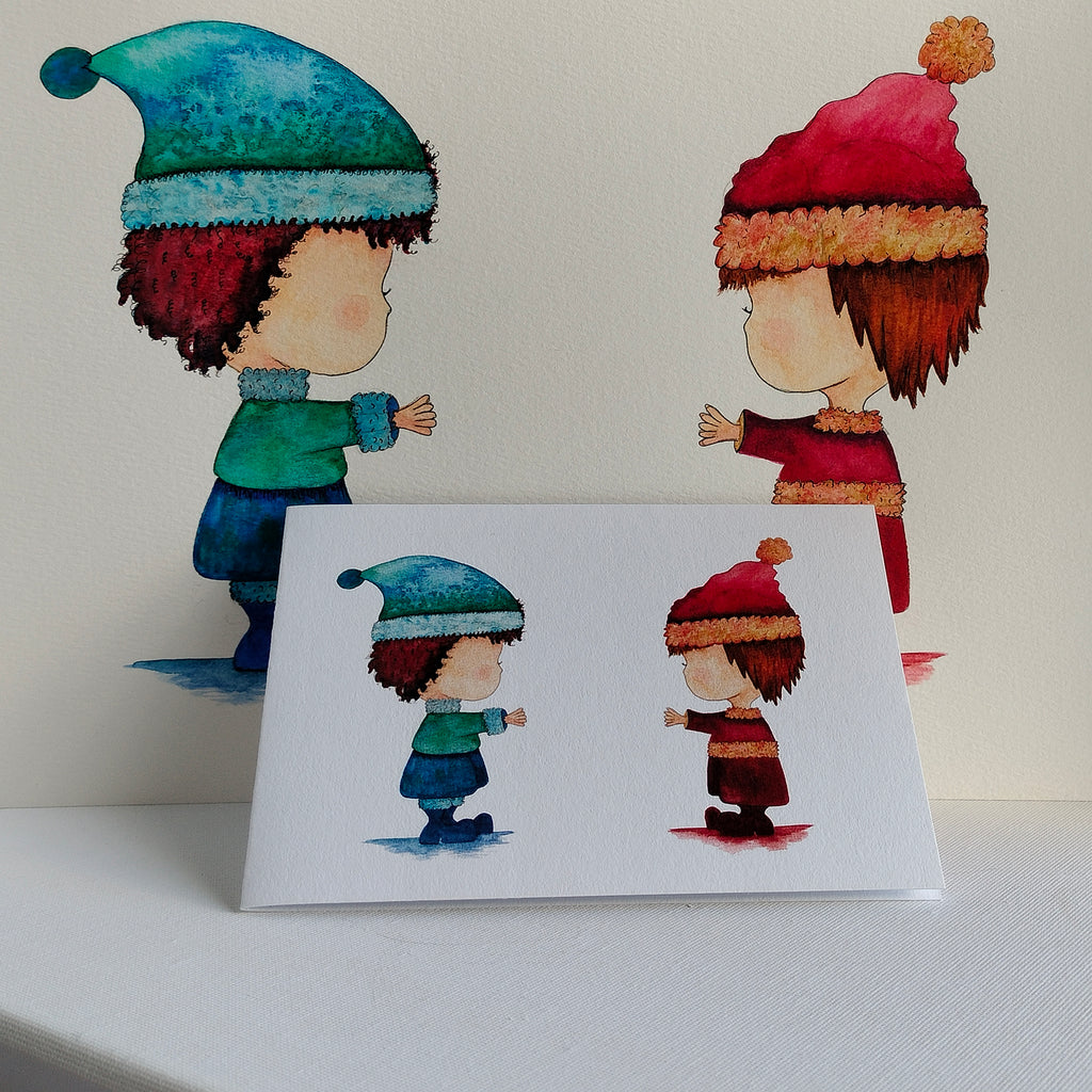 Theo & Friend - Red and Blue Outfits – Watercolour Art Card shown with Original Painting (not for sale) | JoliArtes