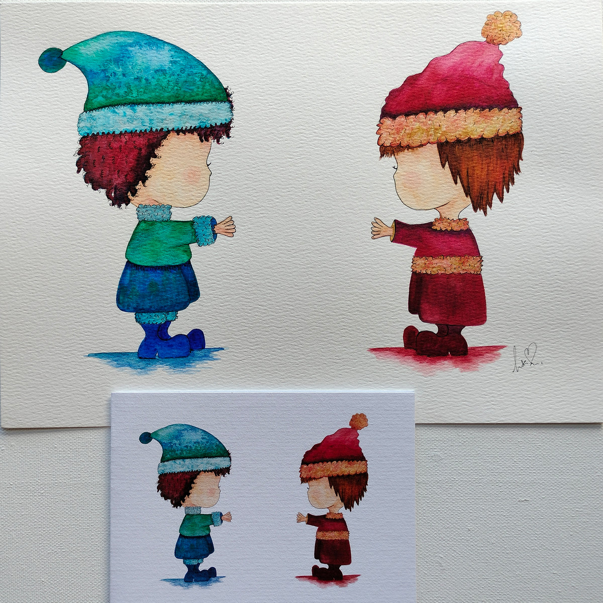 Theo & Friend - Red and Blue Outfits – Watercolour Art Card shown with Original Painting (not for sale) | JoliArtes