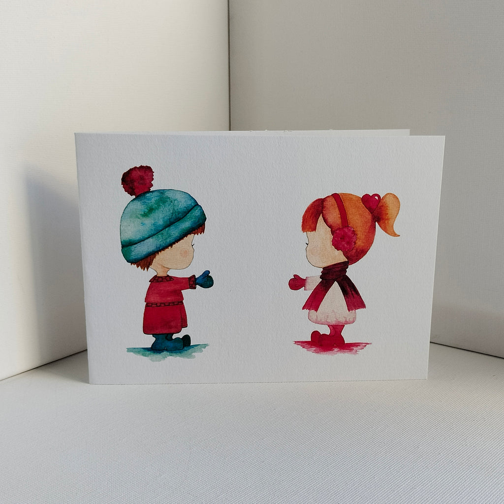 Mira & Theo - Red and Pink Outfits – Personalised Watercolour Art Card | JoliArtes
