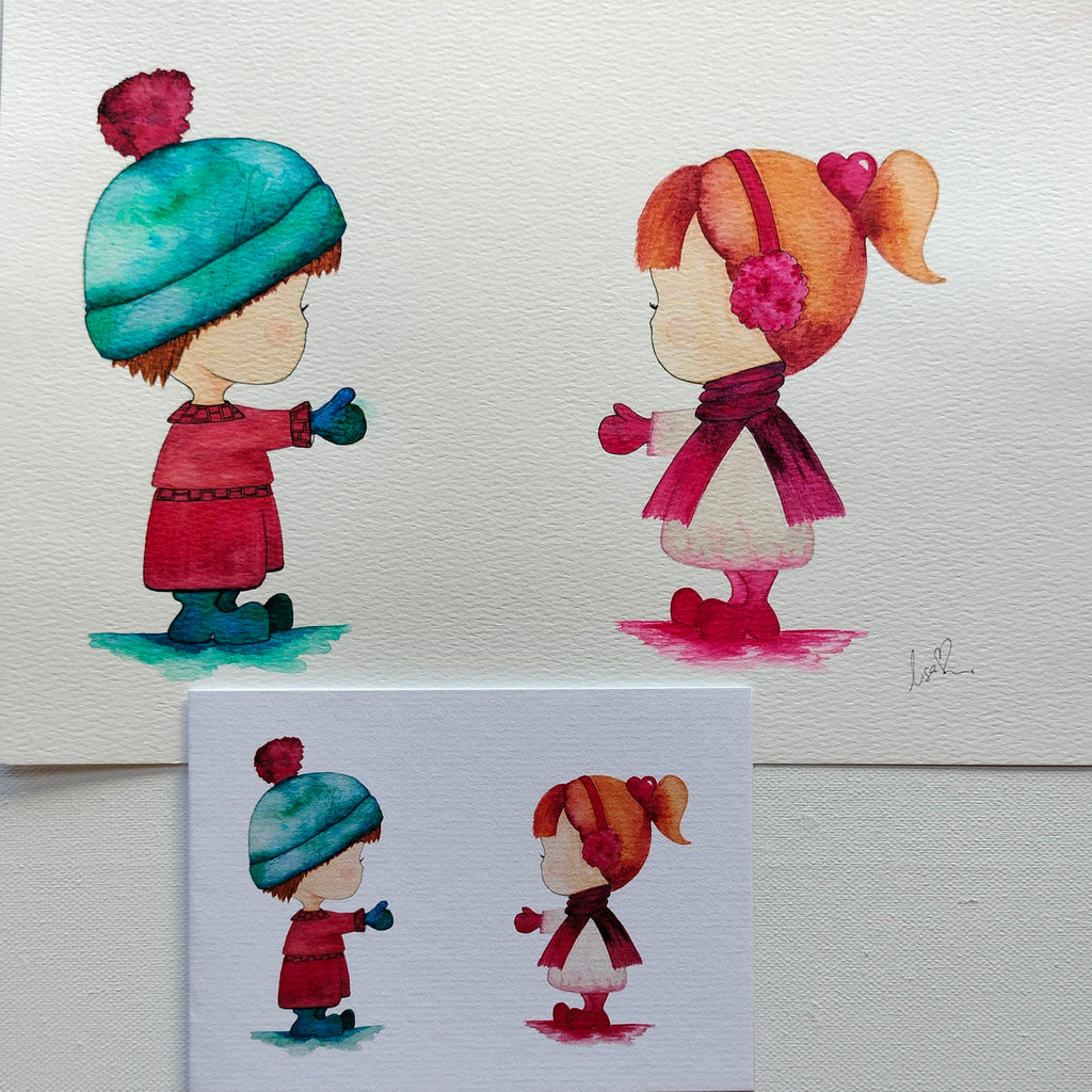 Mira & Theo - Red and Pink Outfits – Watercolour Art Card shown with Original Painting (not for sale) | JoliArtes