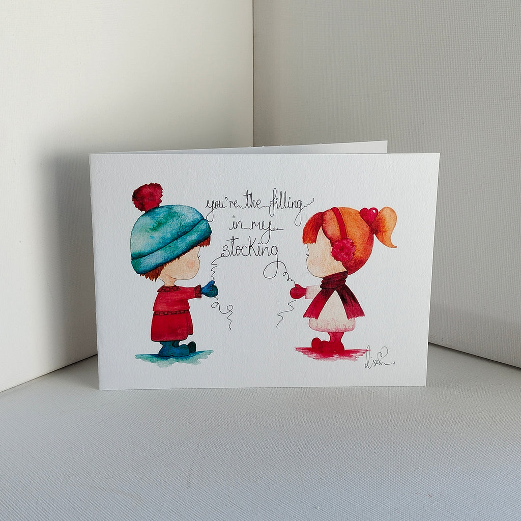 Mira & Theo - Red and Pink Outfits – Example Personalisation – Watercolour Art Card | JoliArtes