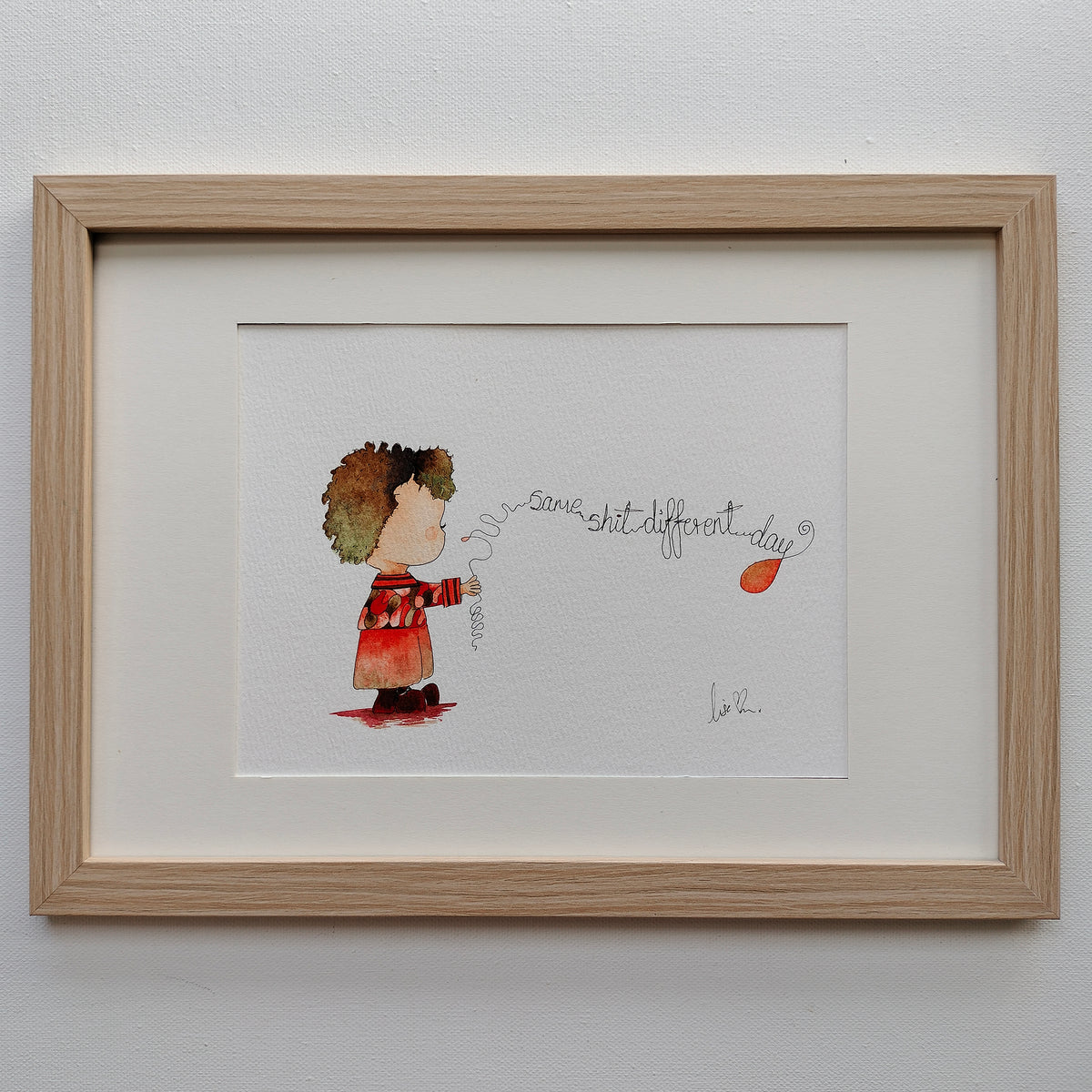 Theo 'Same Shit Different Day' – Original Watercolour Painting in a Natural Wood Frame | JoliArtes