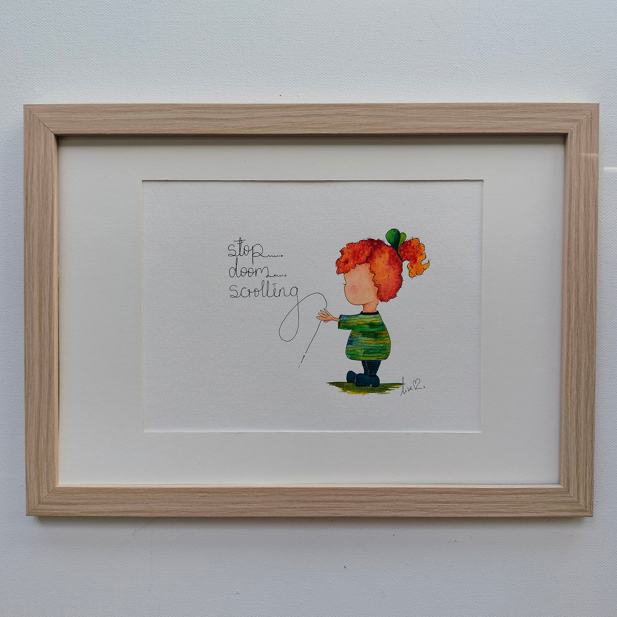 Mira 'Stop Doom Scrolling' – Original Watercolour Painting in a Natural Wood Frame | JoliArtes