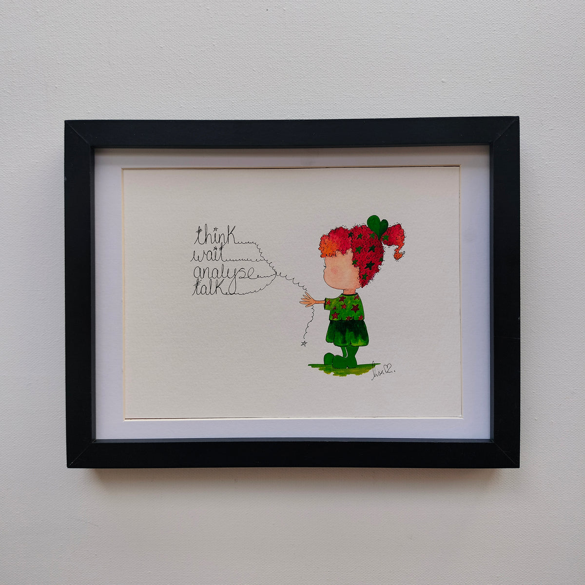 Mira 'Think Wait Analyse Talk' – Original Watercolour Painting in a Black Frame | JoliArtes