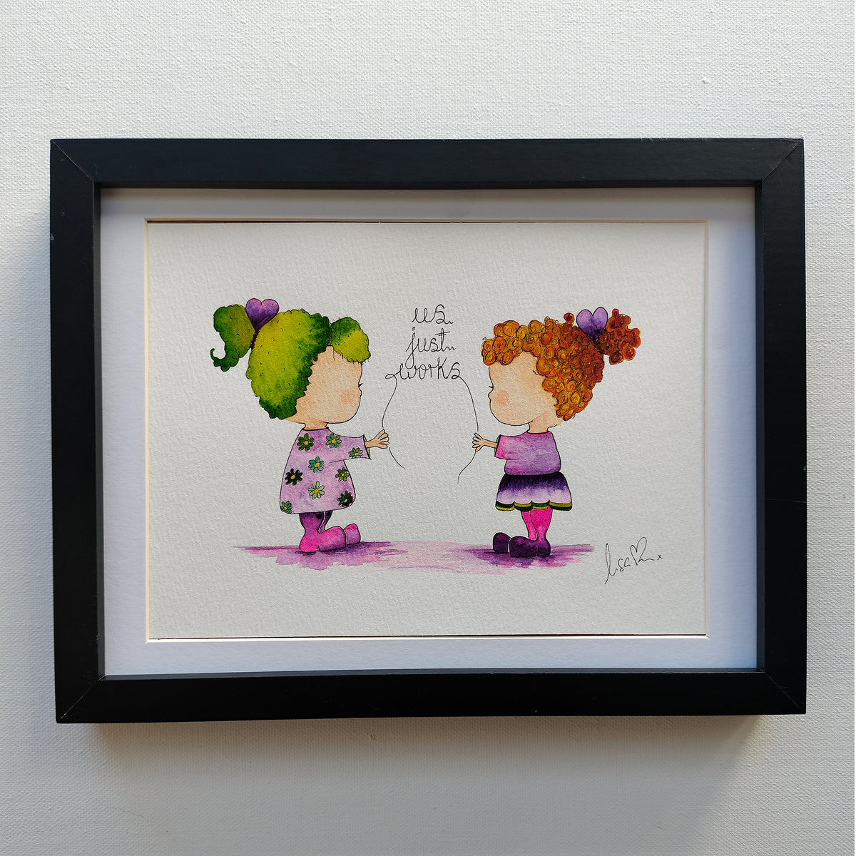 Mira & Friend 'Us Just Works' – Original Watercolour Painting in a Black Frame | JoliArtes