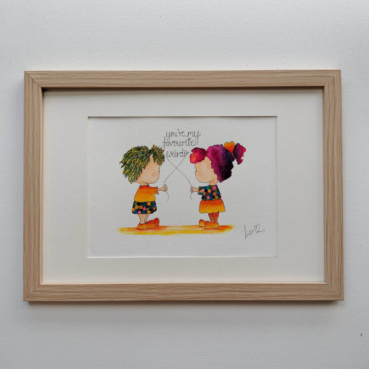 Mira & Theo 'You're My Favourite Weirdo' – Original Watercolour Painting in a Natural Wood Frame | JoliArtes