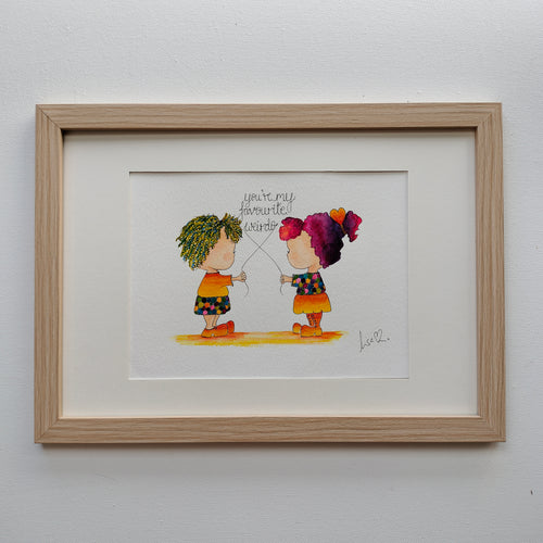 Mira & Theo 'You're My Favourite Weirdo' – Original Watercolour Painting in a Natural Wood Frame | JoliArtes